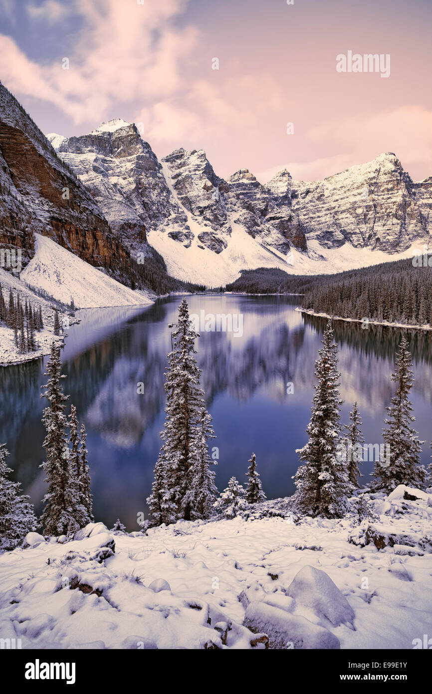 Autumn snowfall at Moraine Lake with the Valley of Ten Peaks in Alberta ...