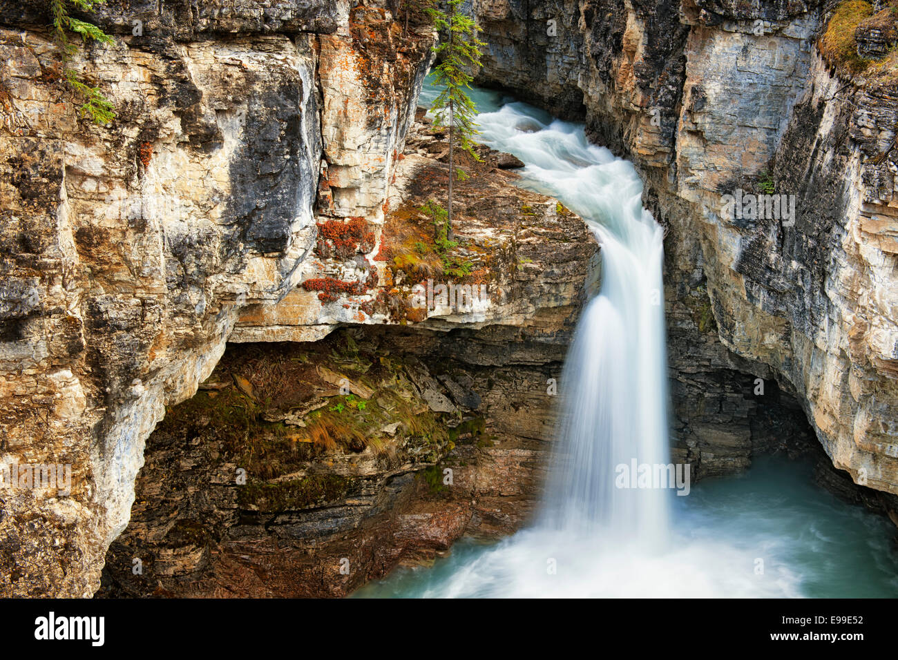 Beauty Creek pours over one of the many unnamed waterfalls in Alberta's Canadian Rockies and Jasper National Park. Stock Photo
