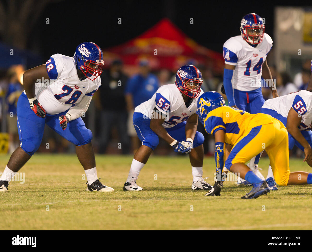 October 4, 2014, La Puente, CA.Gardena Serra cavaliers offenisve line (53) Steven Winn in action during the Bishop Amat upset of the Cavaliers at Bishop Amat high school on October 3, 2014. The Cavaliers who are usually a nationally ranked high school football team, were upset by Bishop Amat 14 - 7. (Mandatory Credit: Ed Ruvalcaba/MarinMedia.org/Cal Sport Media) (Complete photographer, and company credit required) Stock Photo
