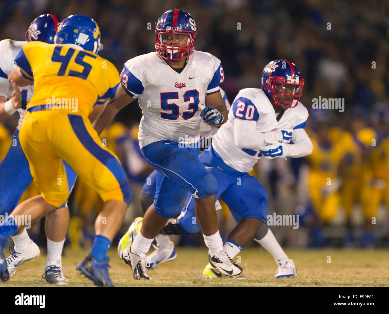 October 4, 2014, La Puente, CA.Gardena Serra cavaliers offenisve line (53) Steven Winn in action during the Bishop Amat upset of the Cavaliers at Bishop Amat high school on October 3, 2014. The Cavaliers who are usually a nationally ranked high school football team, were upset by Bishop Amat 14 - 7. (Mandatory Credit: Ed Ruvalcaba/MarinMedia.org/Cal Sport Media) (Complete photographer, and company credit required) Stock Photo
