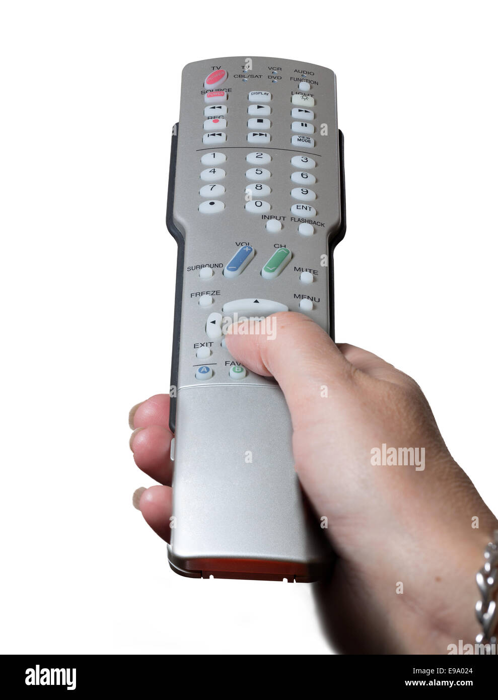 Close up of TV remote control with hand Stock Photo