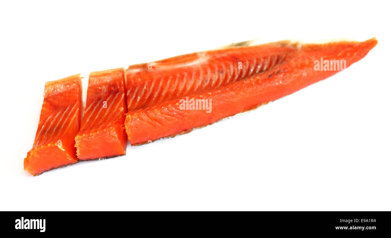 Smoked red fish fillet over white Stock Photo