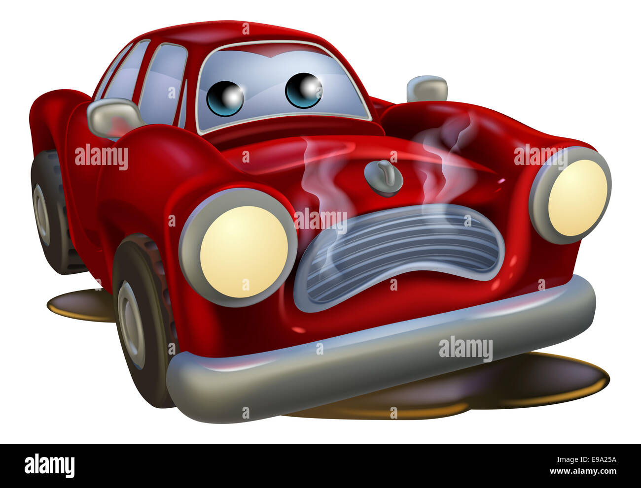 A sad broken down cartoon car character in need of repair Stock Photo