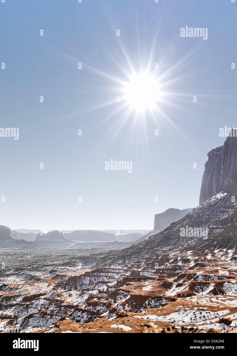 Monument Valley in the bright rays of the winter sun. Stock Photo