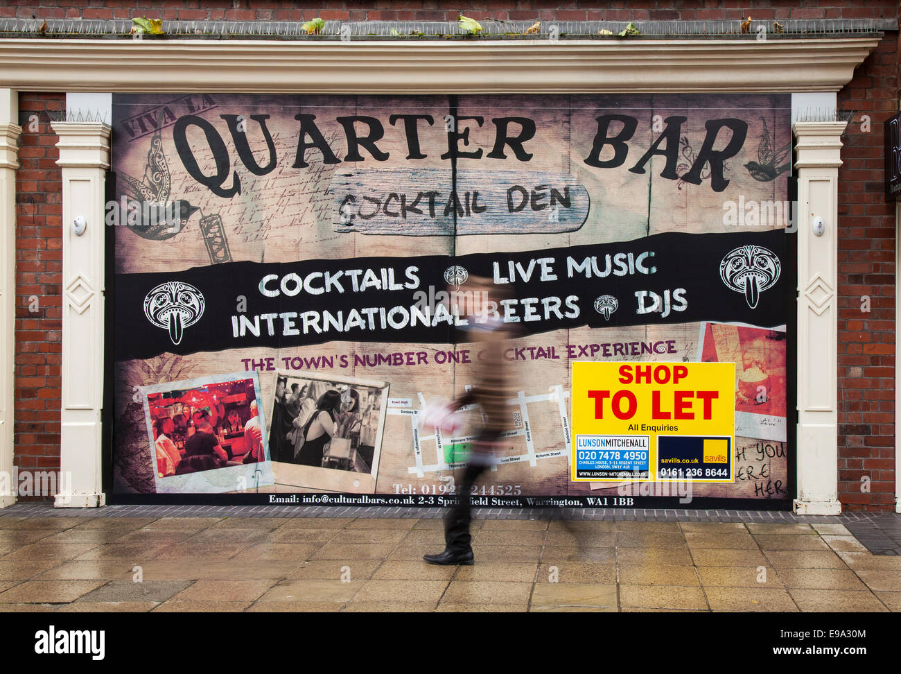Quarter Bar Cocktail Den to Let in Warrington, Cheshire.  Warrington Borough Council propose to regenerate the Bridge Street Quarter.  The proposed development will transform the Bridge Street area into a vibrant new commercial part of the town centre providing a new market hall, cinema, restaurants, offices and a new public square. The existing shopping centre has seen a significant decline in trade over recent years. Stock Photo