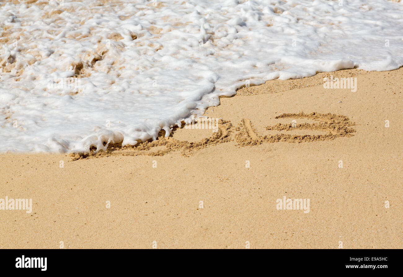 2013 written in sand with waves Stock Photo