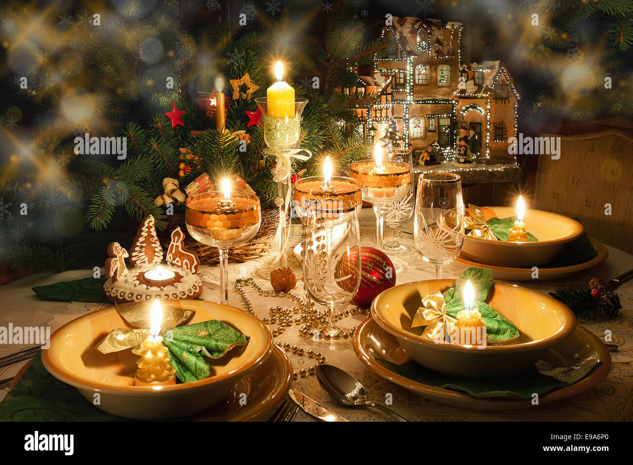 Christmas dinner table  with christmas mood Stock Photo