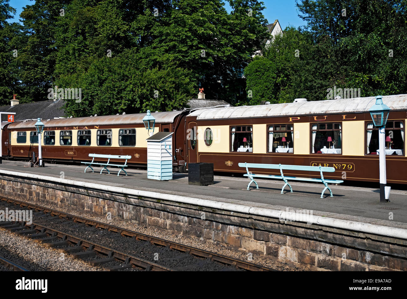 Pullman train restaurant dining coaches coach carriage at Grosmont Station North Yorkshire Moors Railway North Yorkshire England UK United Kingdom Stock Photo