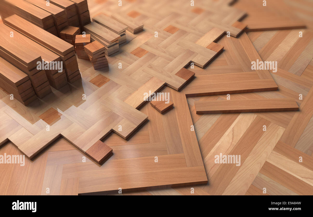 Different wooden parquets on floor. 3d Illustration about construction and repair Stock Photo