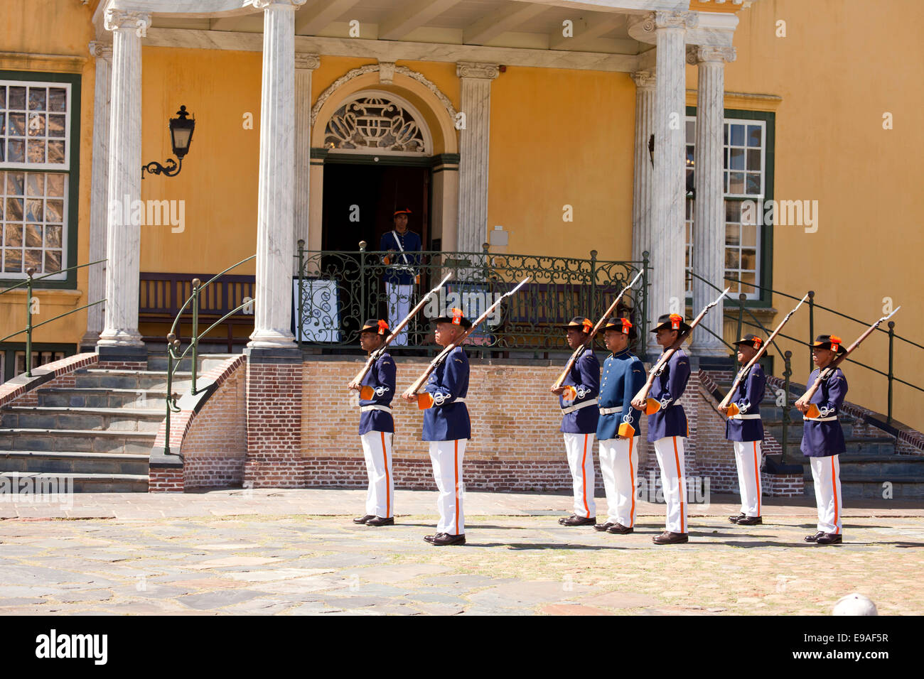 guards  in historic uniform during the Key Ceremony at the Castle of Good Hope,  Cape Town, Western Cape, South Africa Stock Photo