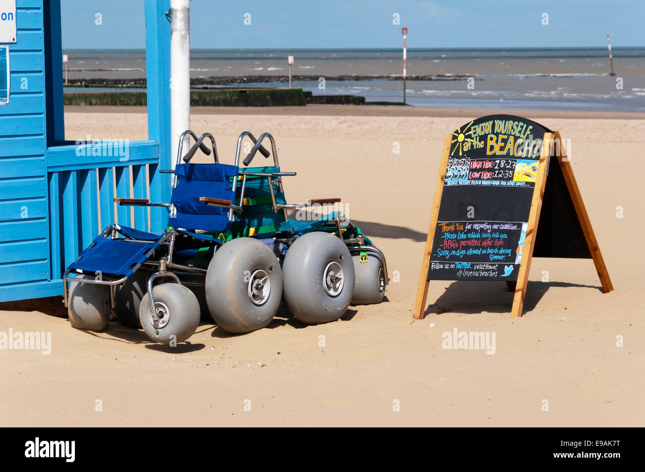 Wheelchairs for hire on Margate beach - fitted with Roleez balloon tyres for easy beach access. Stock Photo