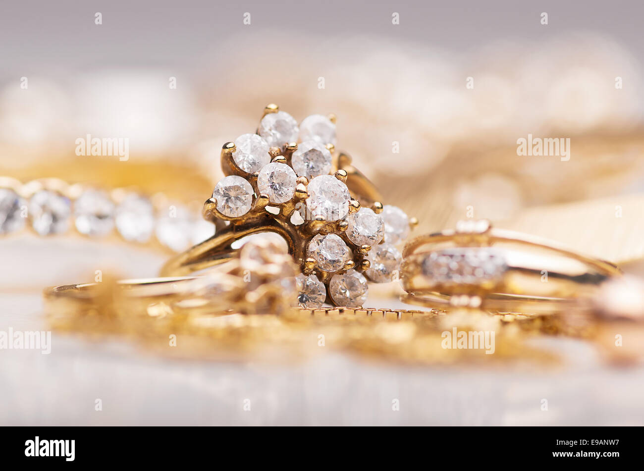 Gold jewelry for elegant women. Stock Photo