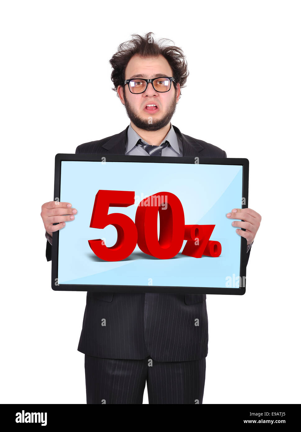 sad businessman holding plasma panel with percent Stock Photo