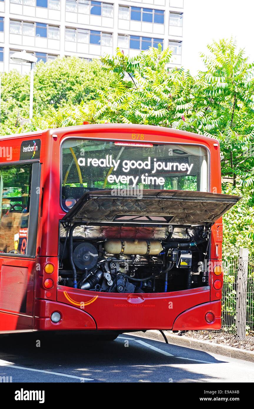 Broken down bus with it???s engine compartment open for inspection