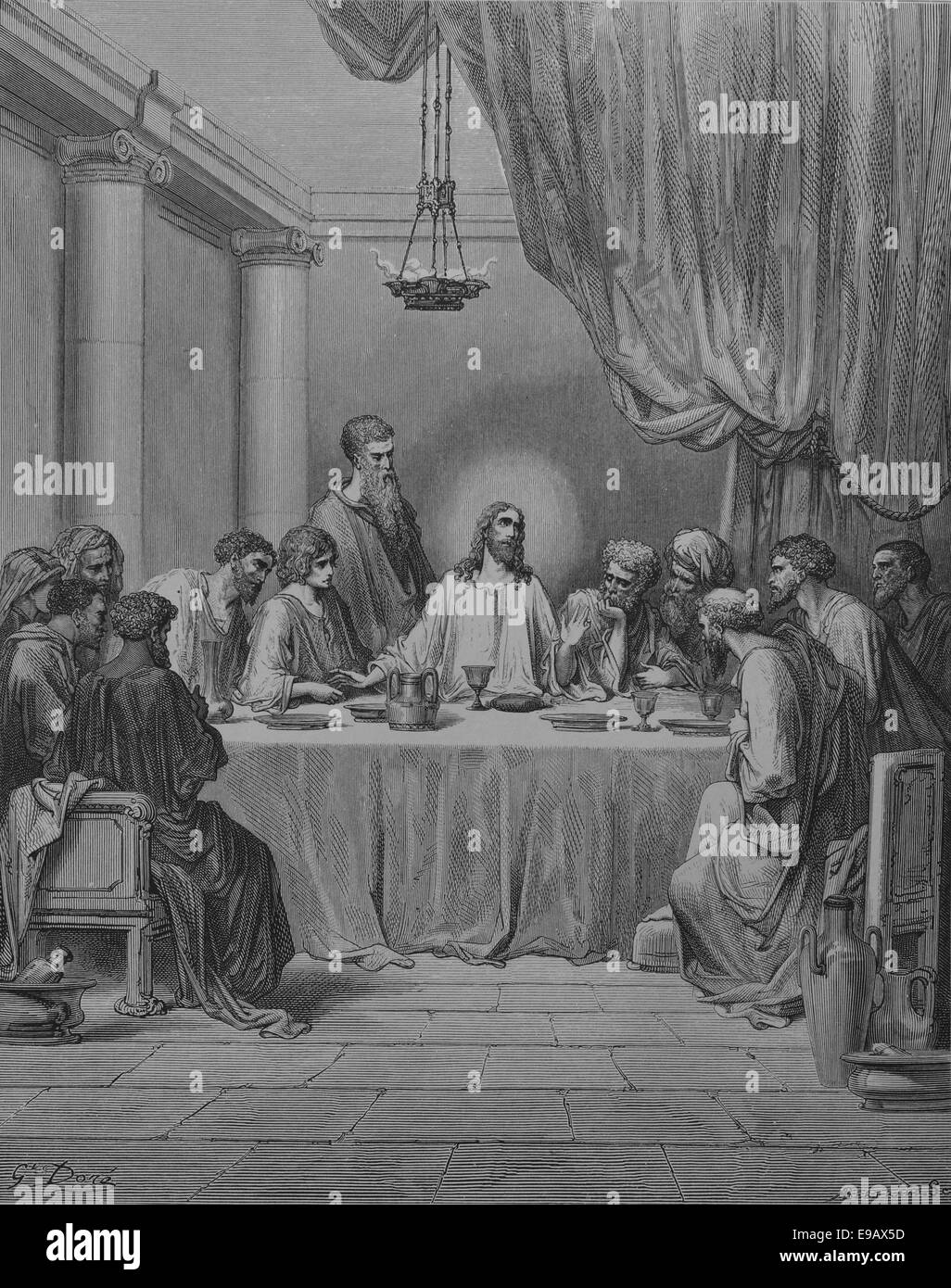 Illustrated Bible. New Testament. The Last Supper. John 13:31. Drawing by Gustave Dore (1832-1883) and engraving by Bertrand. Stock Photo