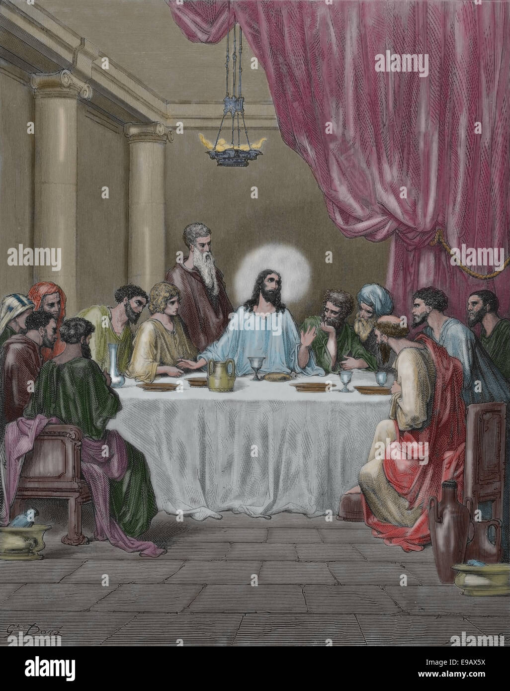 Illustrated Bible. New Testament. The Last Supper. By Gustave Dore (1832-1883) and engraving by Bertrand. Color. Stock Photo