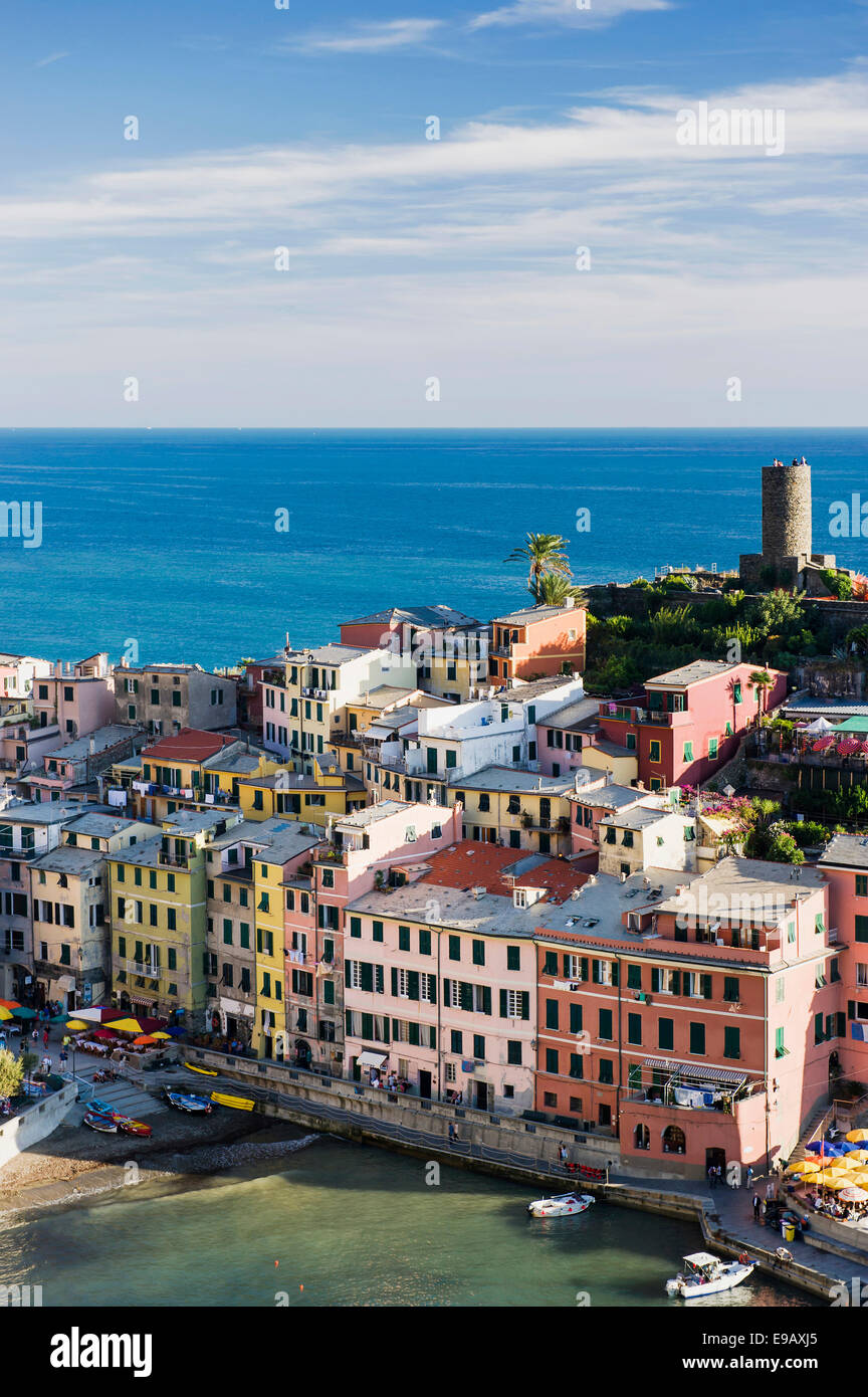 Village with colorful houses by the sea, Vernazza, Cinque Terre, La Spezia Province, Liguria, Italy Stock Photo