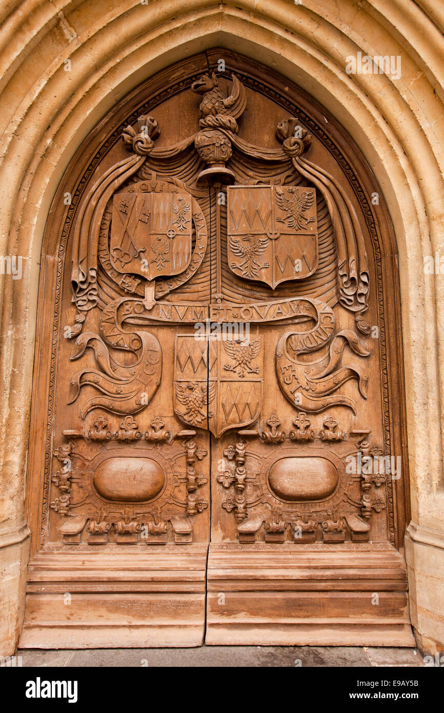 UK, England, Wiltshire, Bath, Abbey, Great West Door, featuring three ...
