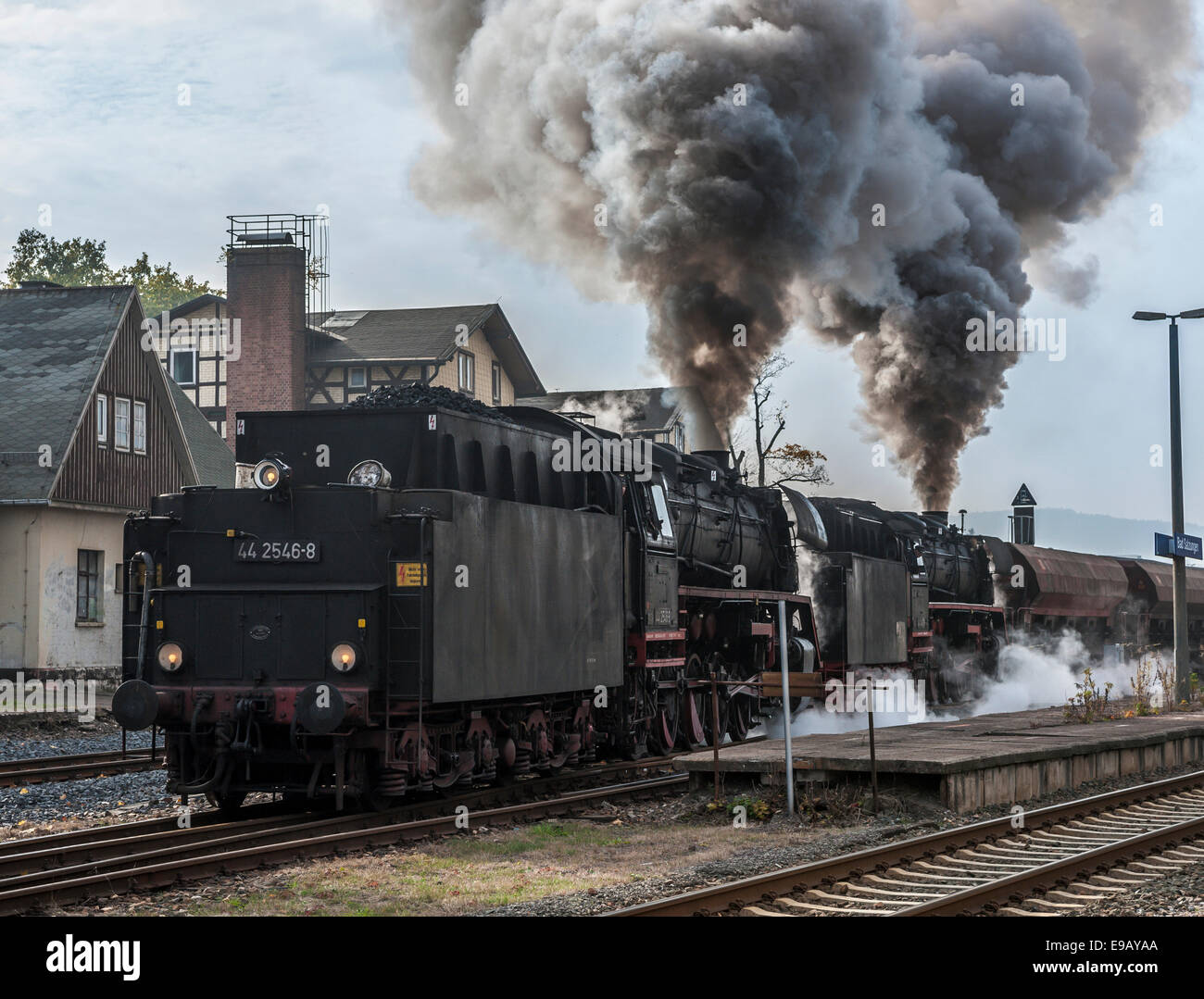 Steam locomotive, Class 44 of Deutsche Reichsbahn, built in 1941, with freight waggons on a nostalgia trip, owned by the Stock Photo