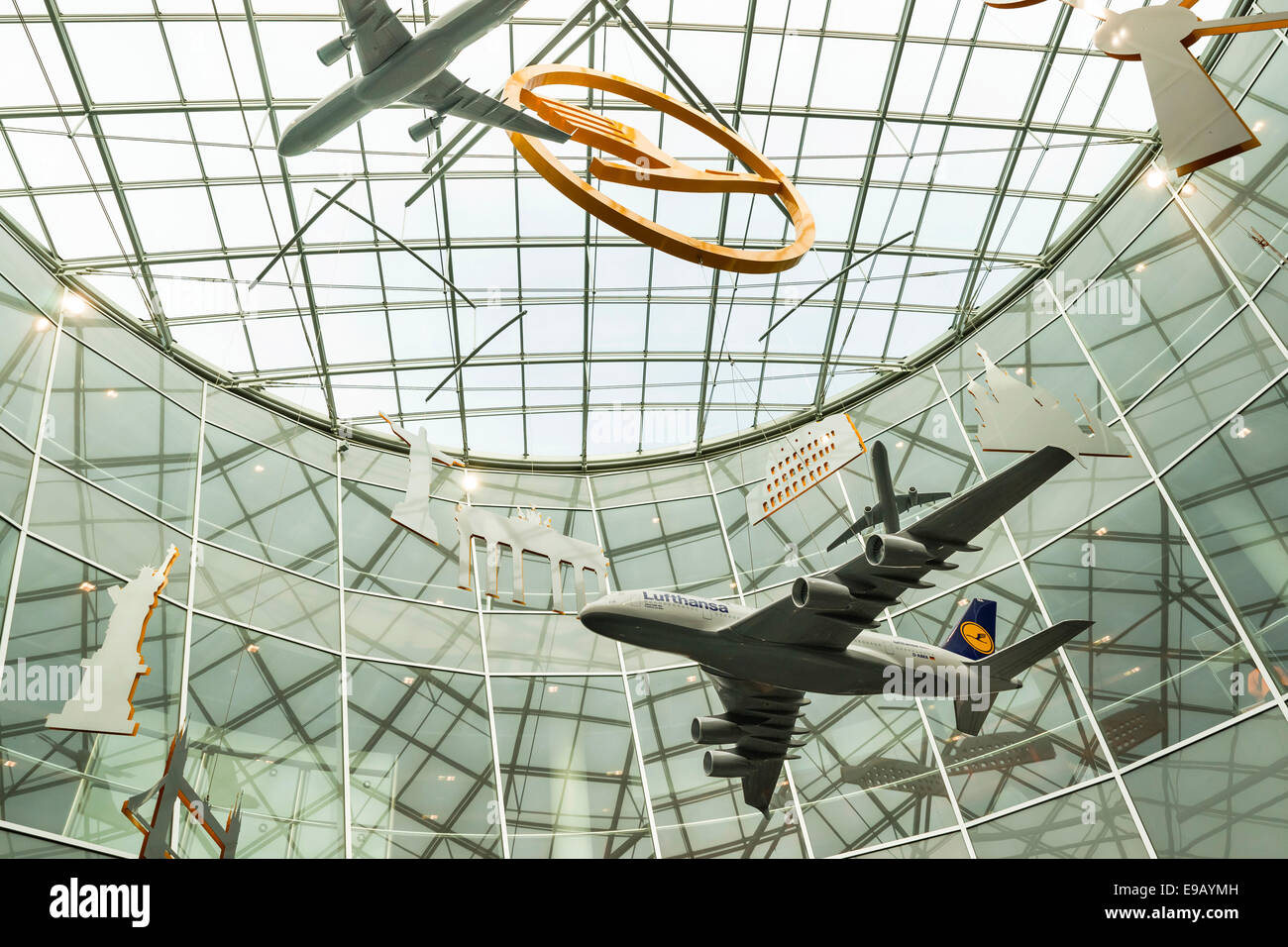 Aircraft models and the Lufthansa logo hanging in the reception area of Frankfurt Airport, Frankfurt am Main, Hesse Stock Photo