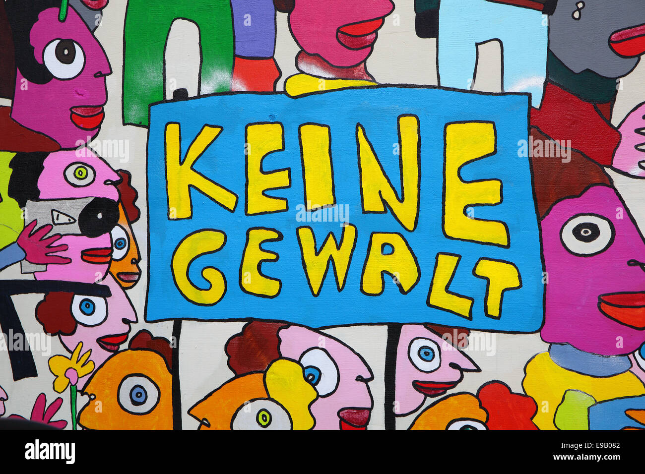 Colourful mural with the words 'Keine Gewalt', German for 'no violence', on a wall of the Marriott Hotel Leipzig, Leipzig Stock Photo