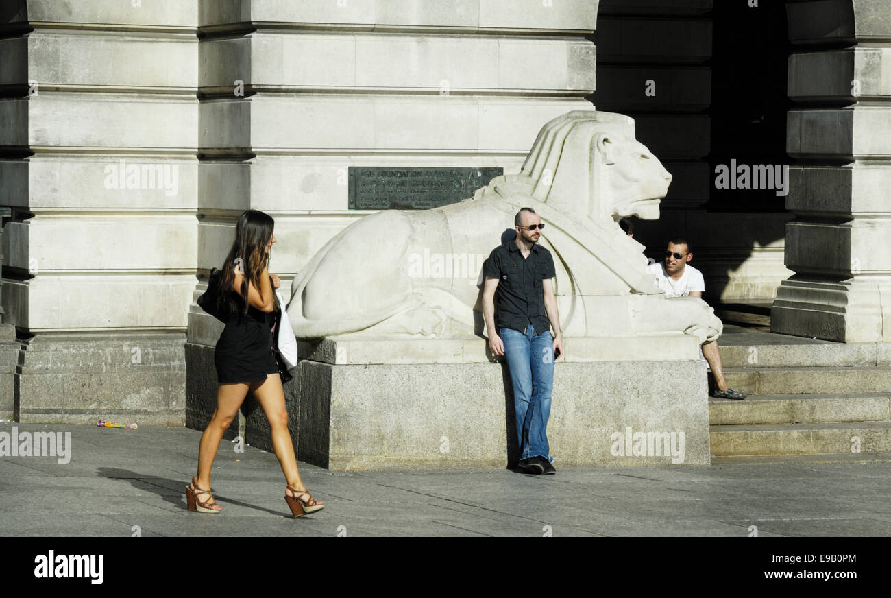 Waiting by the left lion, in Nottingham. England, Stock Photo