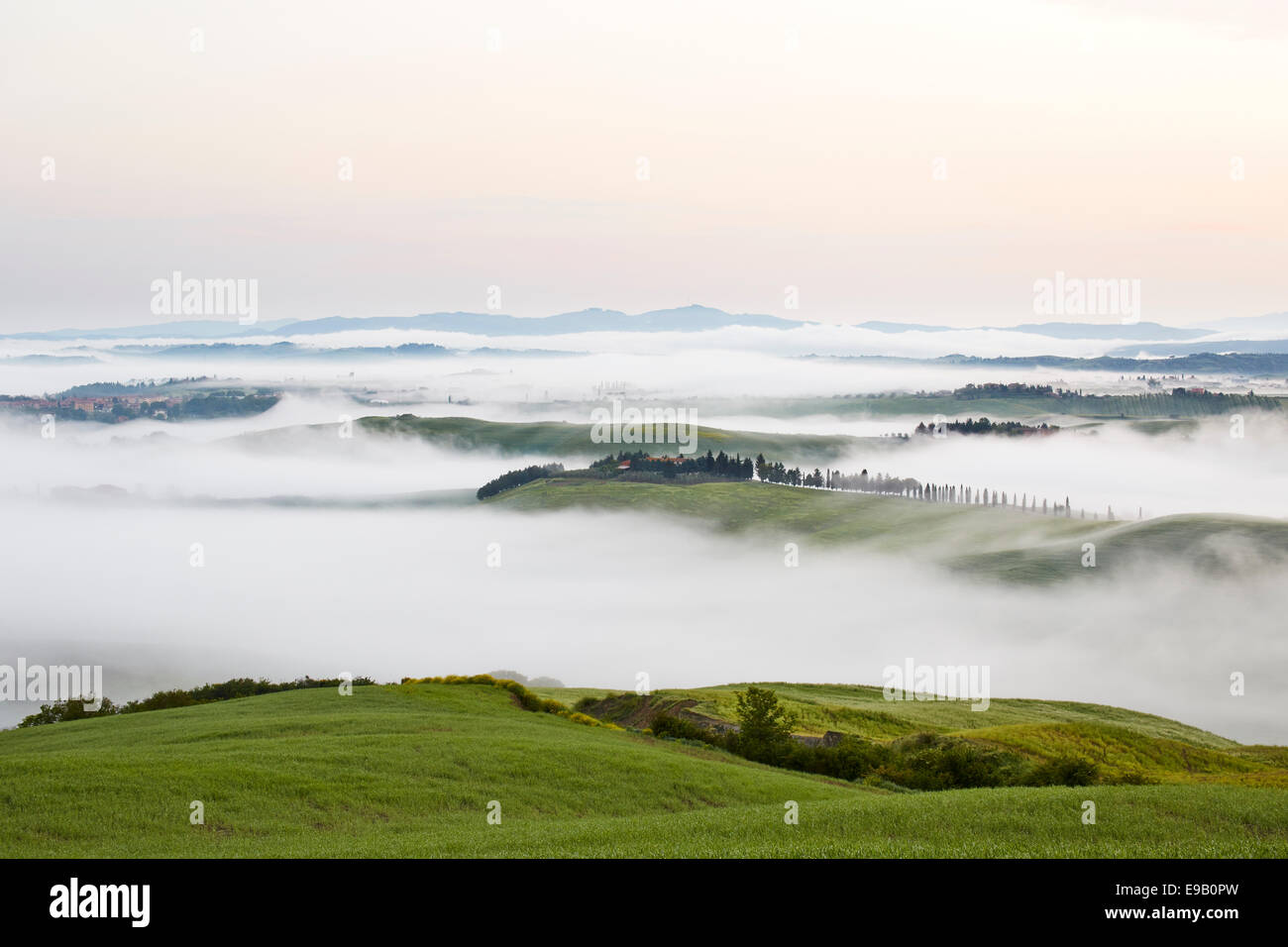 Fog in the valleys of the Crete Senesi, Chiusure, Arbia, Tuscany, Italy Stock Photo