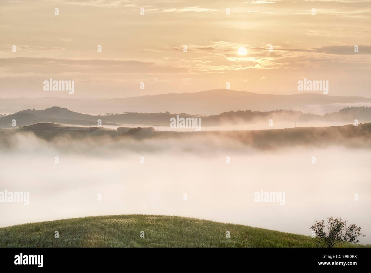 Fog in the valleys of the Crete Senesi, Vescona, Asciano, Tuscany, Italy Stock Photo