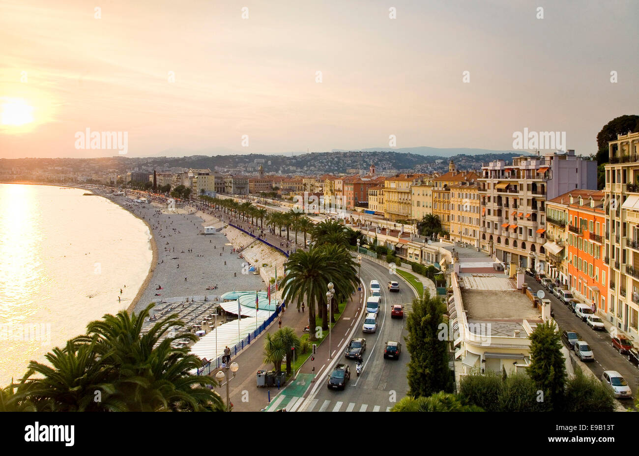 Quai des Etat-Unis and the historic town centre in the evening light, Nice, Provence-Alpes-Côte d’Azur, France Stock Photo
