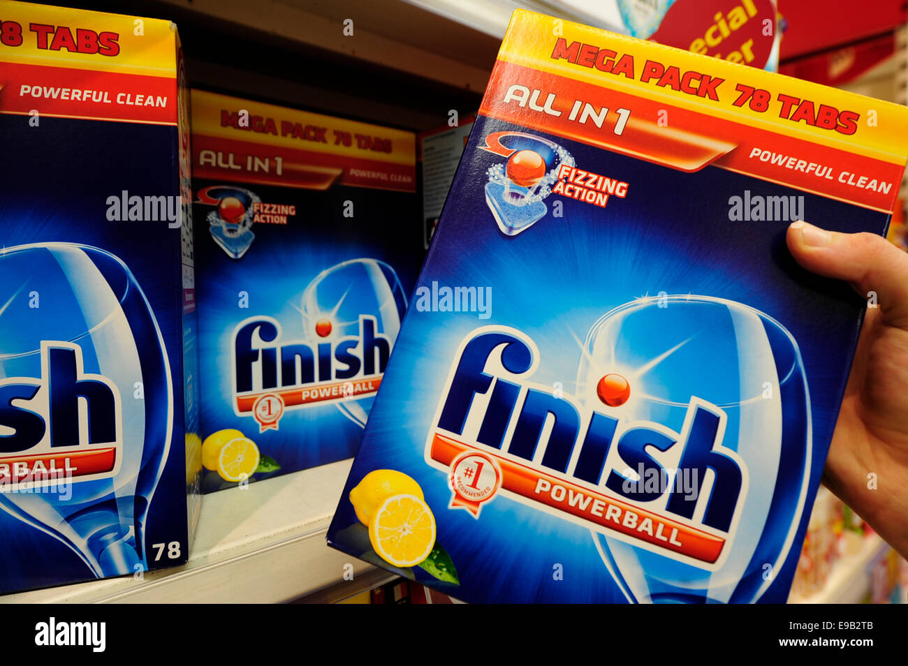 Finish powerball dishwashing tablets been taken form the shelf  (Newscast)(Model Released) Stock Photo