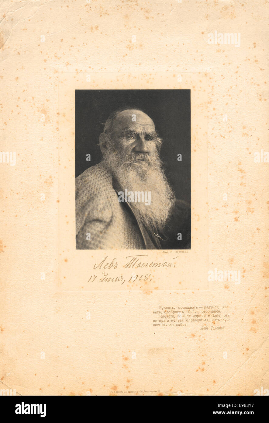 Portrait of the great Russian writer Leo Tolstoy, his signature and his thoughts Stock Photo