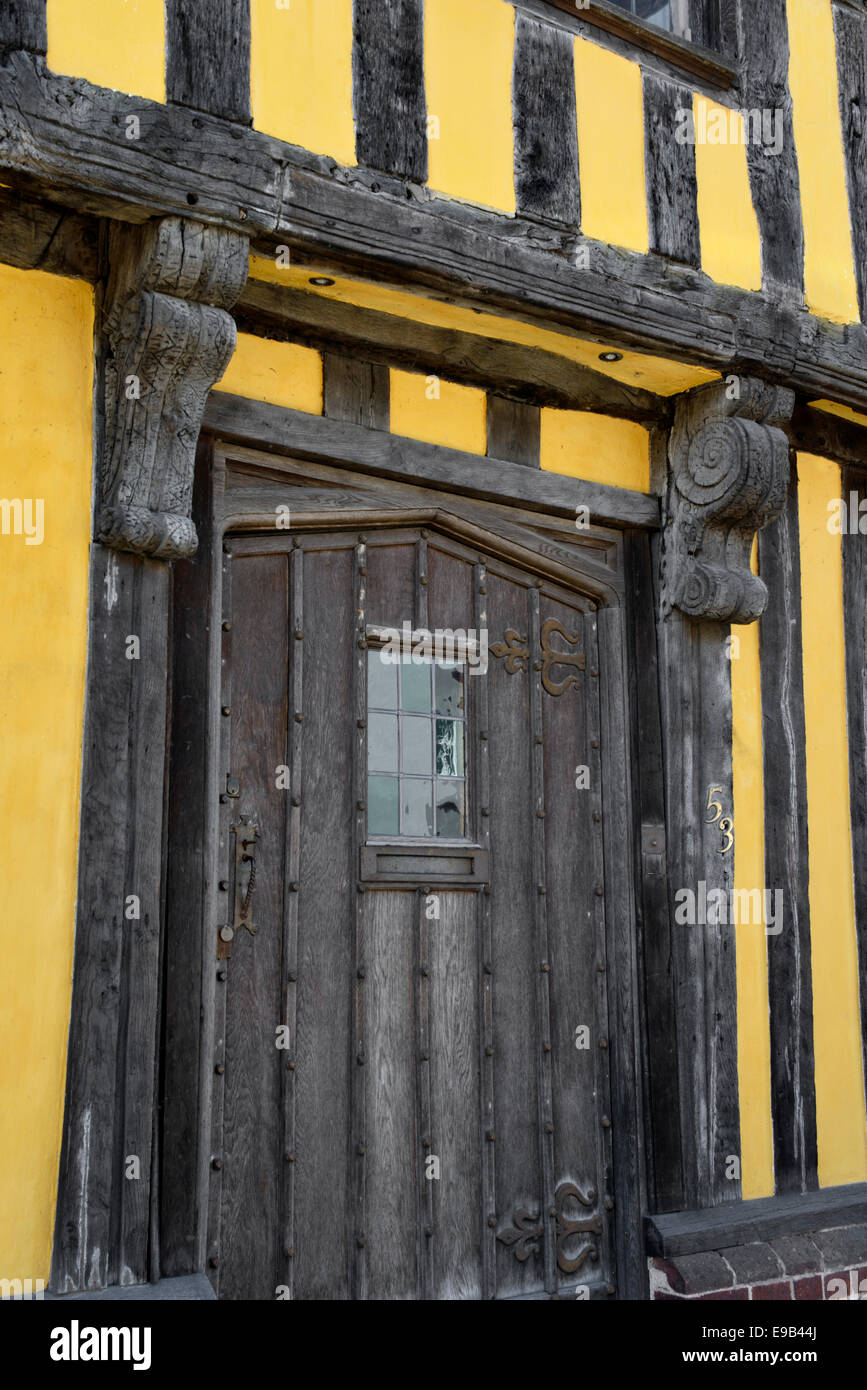 Medieval doorway in timber framed building, Broad Street, Ludlow, Shropshire, England, United Kingdom, UK, Europe Stock Photo