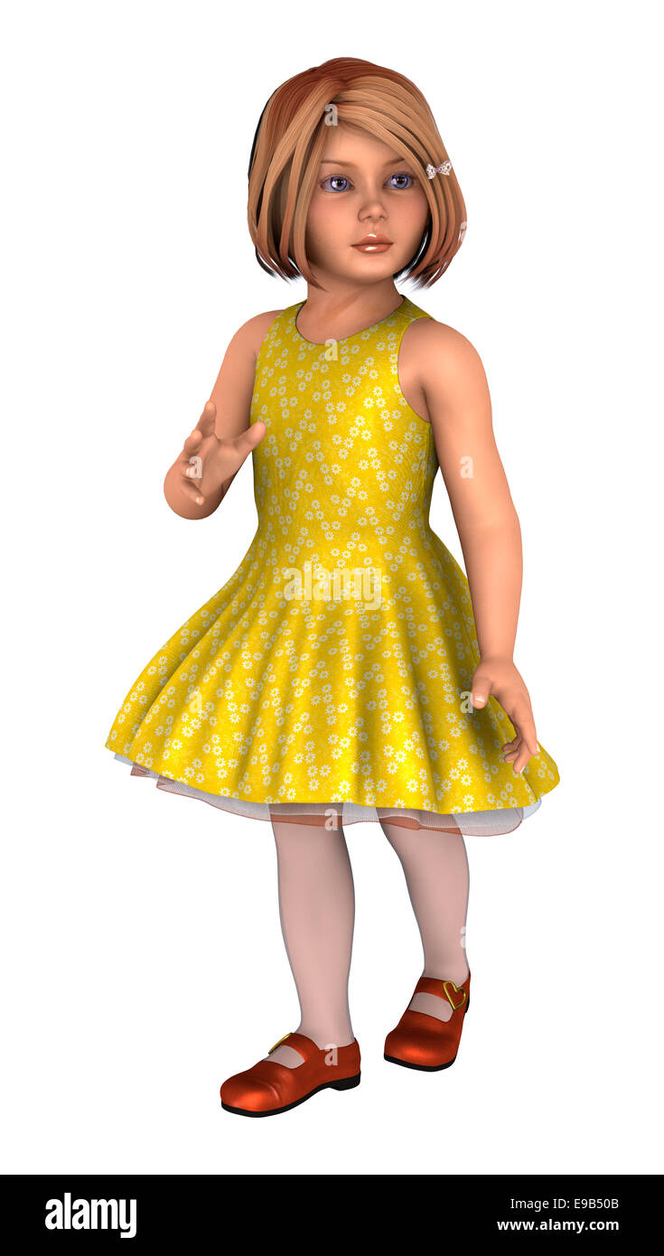 3D digital render of a little girl in a yellow dress isolated on white ...