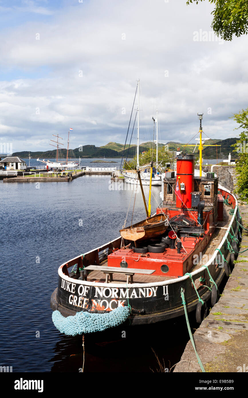 The tug boat 'Duke of Normandy' in the canal basin on the Crinan Canal at Crinan, Knapdale, Argyll & Bute, Scotland UK Stock Photo
