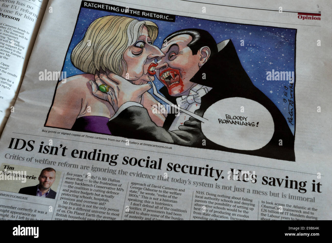 Cartoon about the Conservative Home Secretary Teresa May about to to bitten by Count Dracula Stock Photo