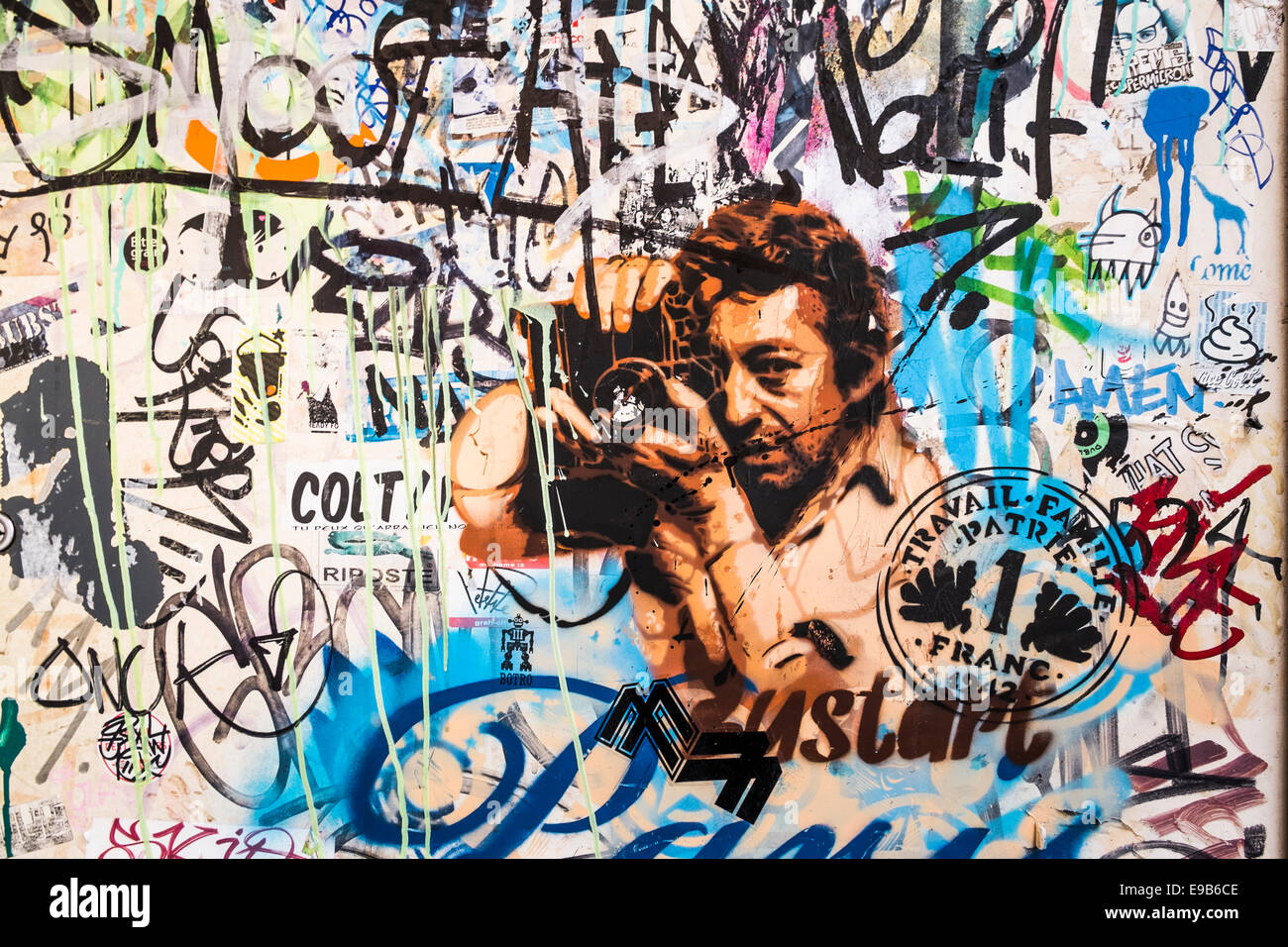 stencil graffito showing french singer and composer serge gainsbourg, paris, ile de france, france Stock Photo