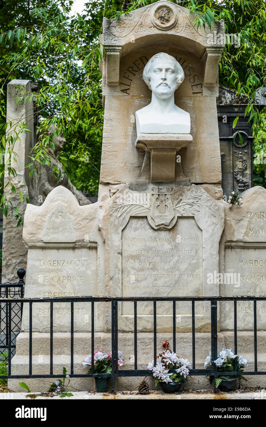 graveside of french writer alfred de musset, pere lachaise cemetery, paris, ile de france, france Stock Photo