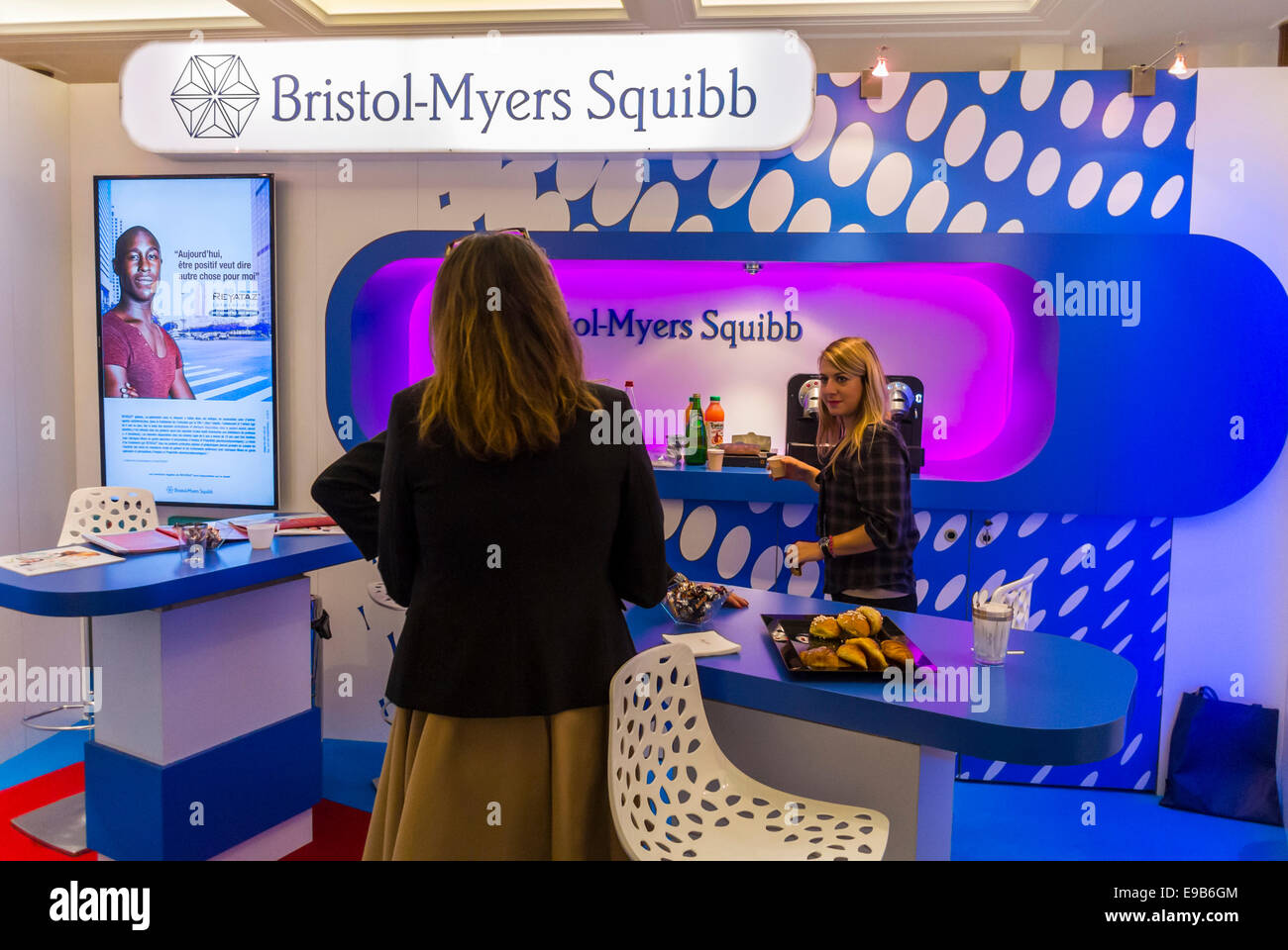Paris, France. Medical Trade Show, Congress of SFLS, French Society in FIght against AIDS, N.G.O's, and Drug Companies. Bristol-Myers Squibb Pharmaceuticals Corporation Stall, pharma industry Stock Photo