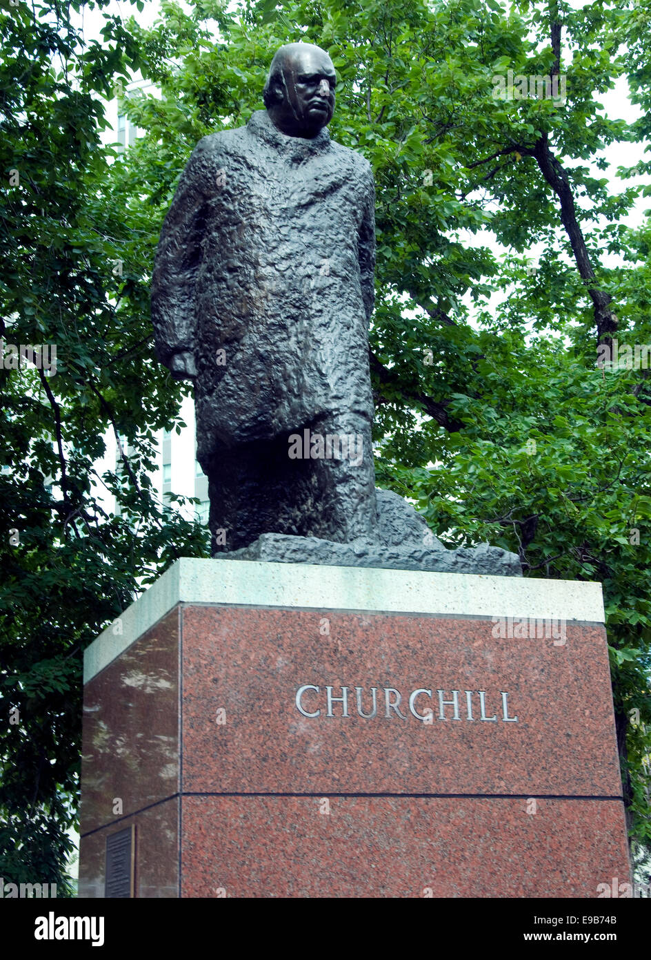 Bronze statue of Winston Churchill standing in Churchill Square in Canada's northern city of Edmonton in Alberrta Stock Photo