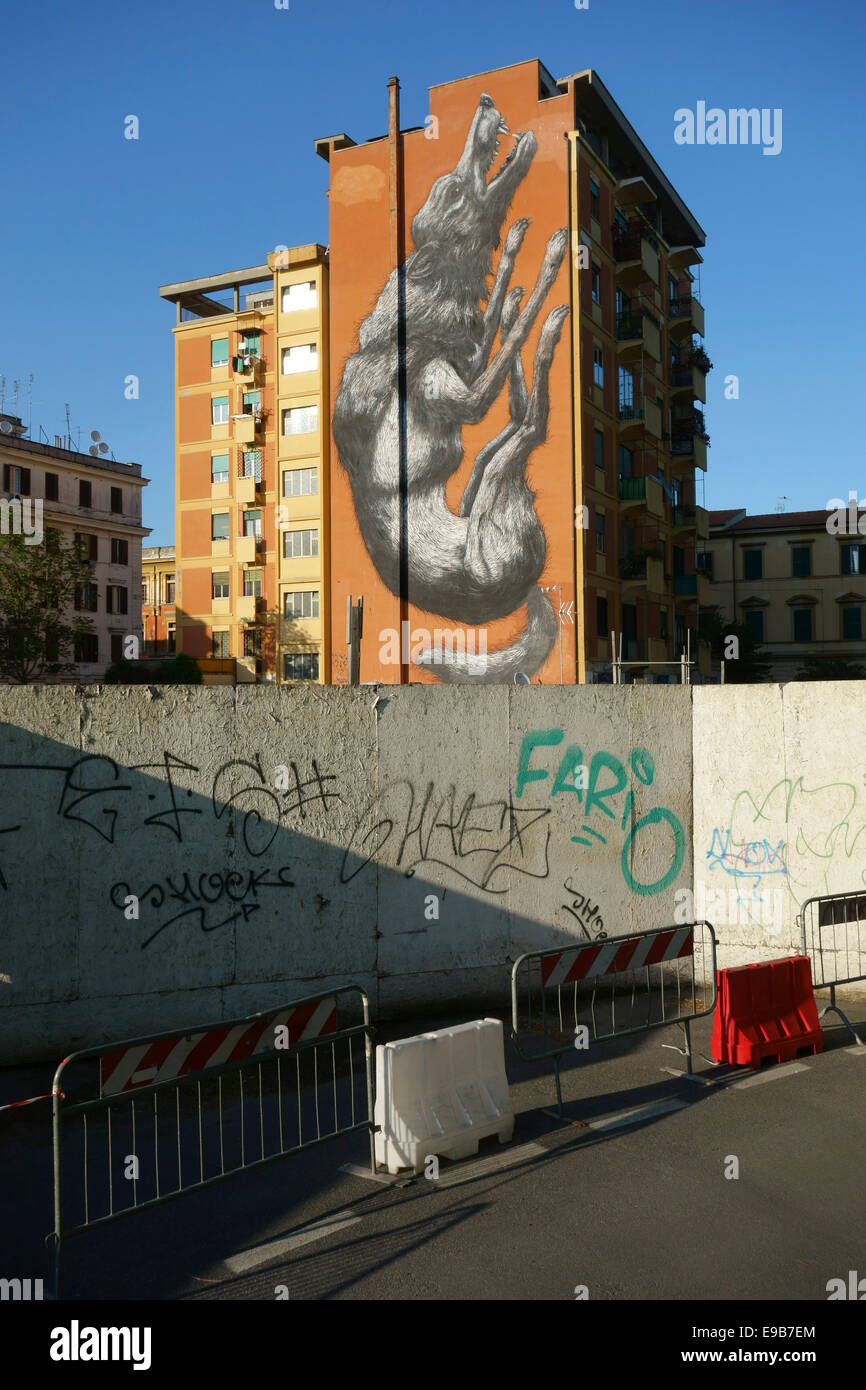 Rome. Italy. 'Jumping Wolf' by Belgian graffiti artist Roa on the side of a building in Testaccio. Stock Photo