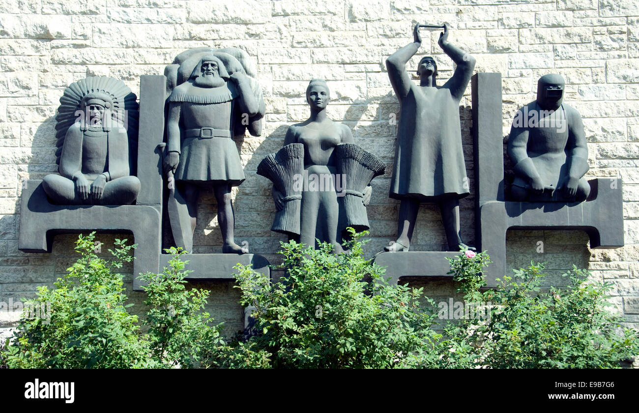 Carved symbols of Canada's First Nations peoples on a side wall approach to the Royal Alberta Museum in Edmonton Canada Stock Photo