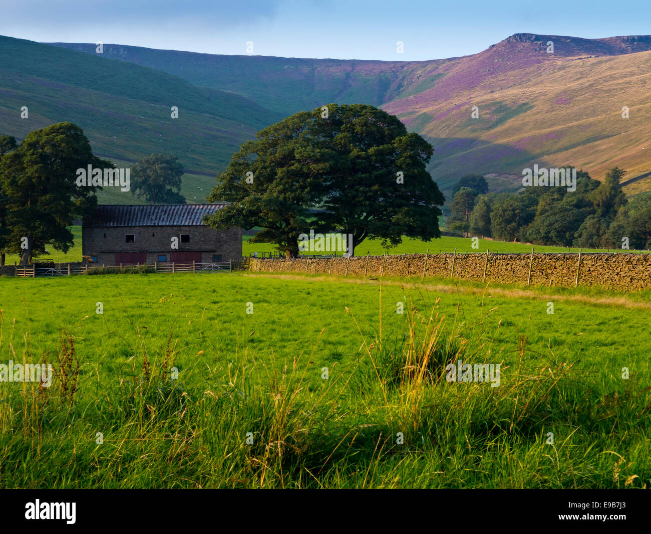 View across the valley at Edale towards Kinder Scout in the Peak District National Park in Derbyshire England UK Stock Photo