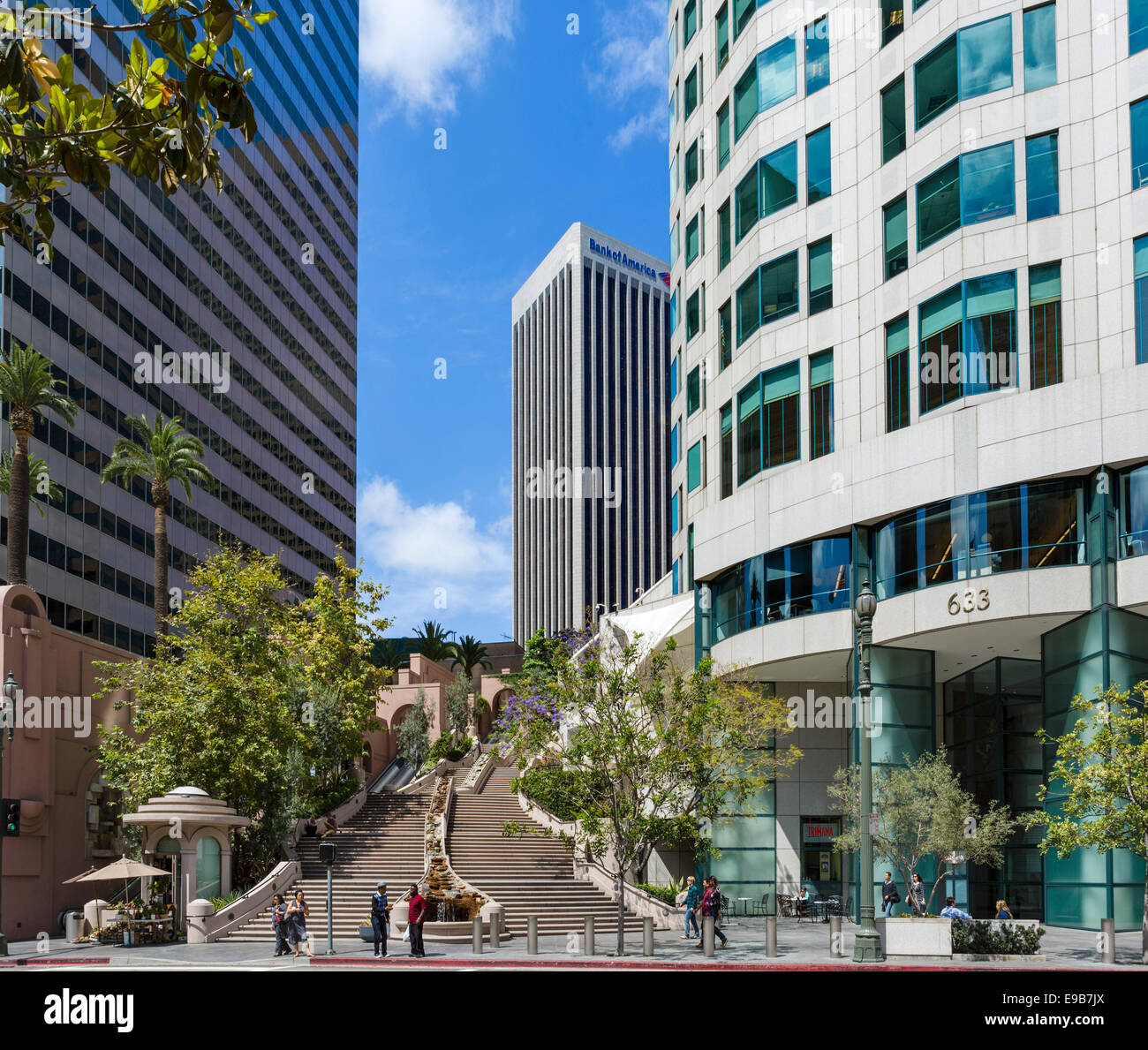 Bunker Hill Steps, Bank of America and US Bank Tower entrance in downtown Los Angeles, California, USA Stock Photo
