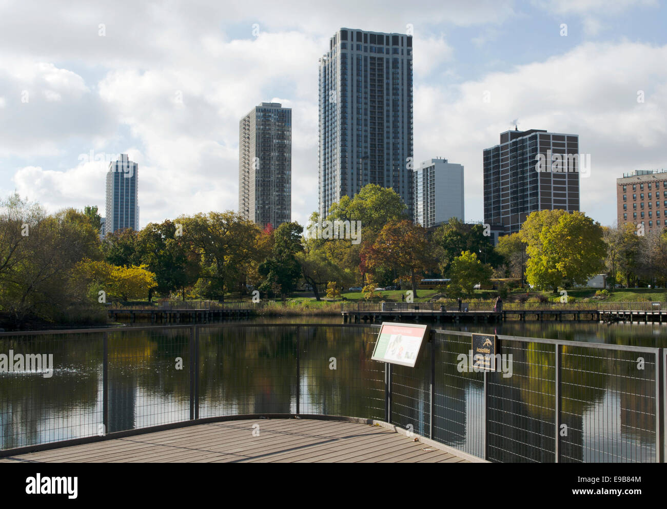 Chicago skyline from South Pond, Lincoln Park Stock Photo