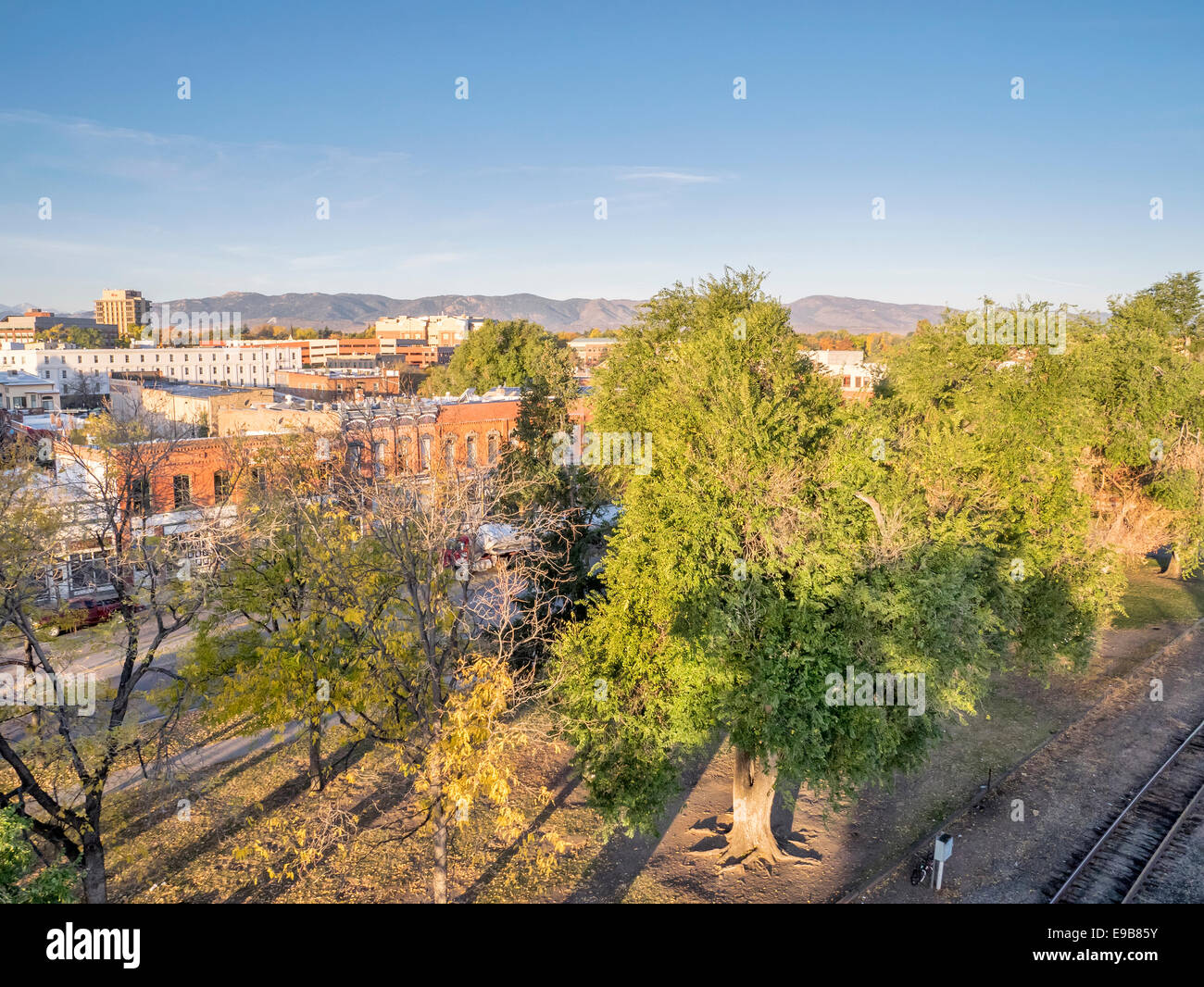 aerial view of Fort Collins downtown in sunrise light, shot from a low