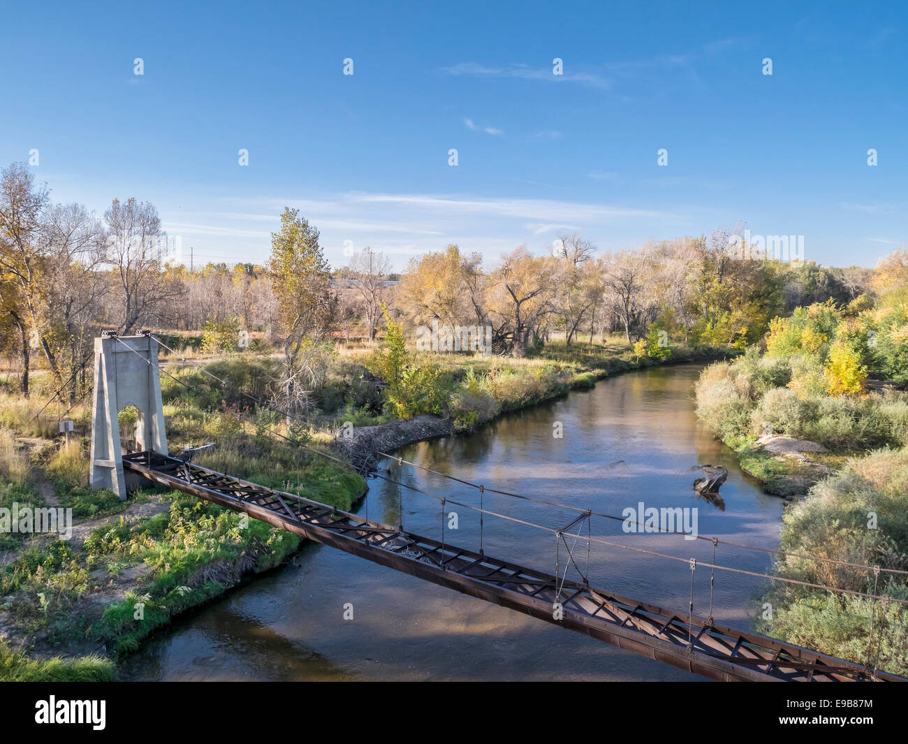aerial view of Cache la Poudre River and old irrigation aqueduct, fall ...