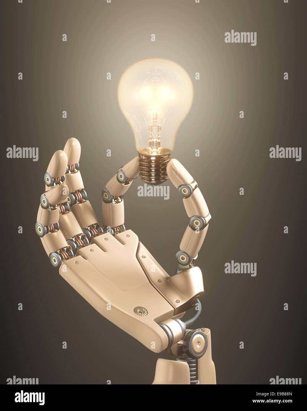 Robot hand holding a bulb on a conceptual idea technology. Clipping path included. Stock Photo