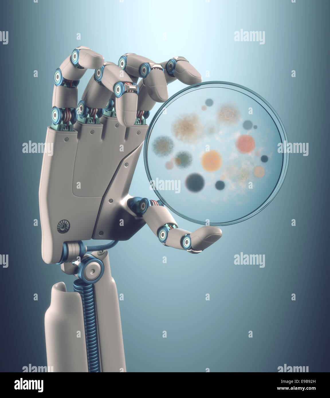 Robot hand holding a petri dish with colonies of bacteria and fungi. Clipping path included. Stock Photo