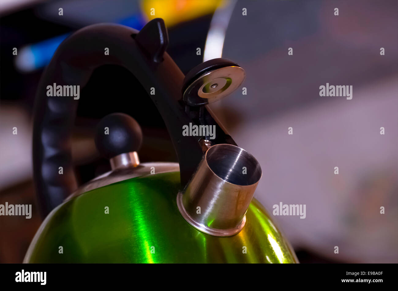 An up close skewed view of a bright green tea kettle Stock Photo Alamy