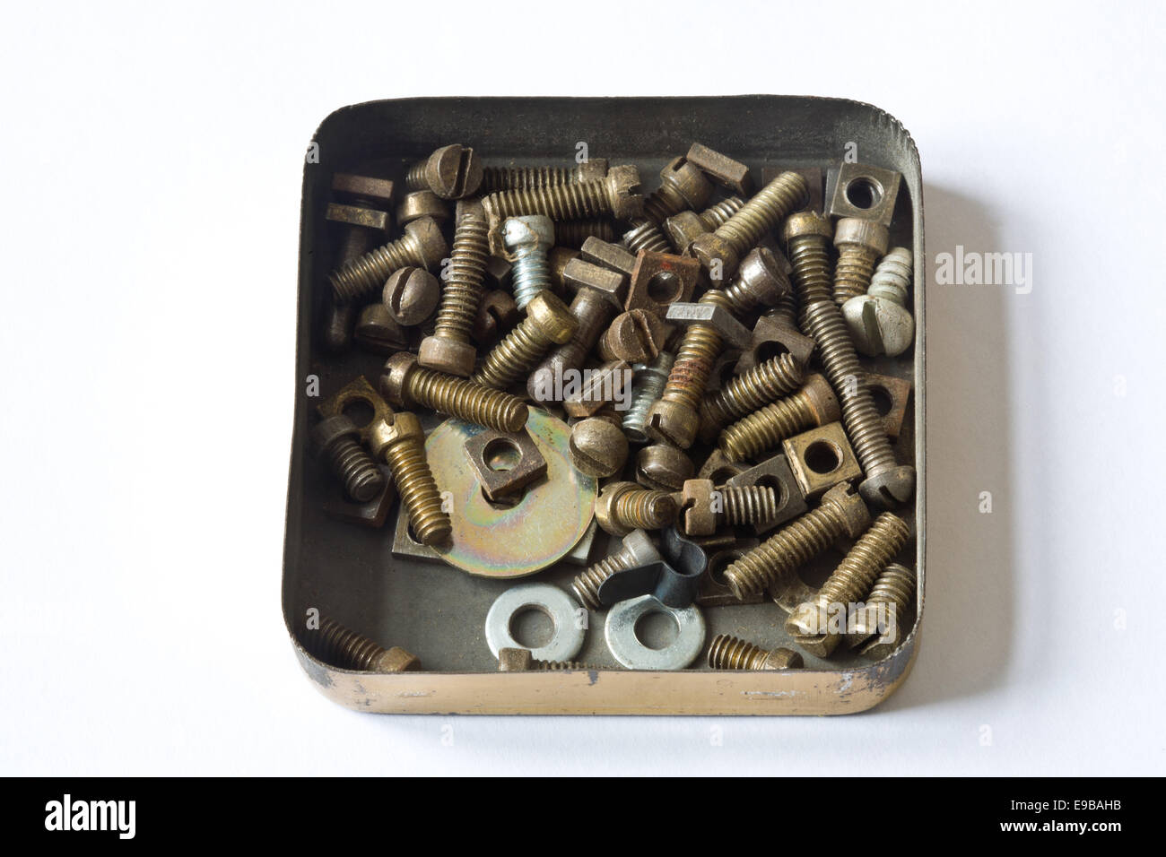 Old tin box of nuts and bolts Stock Photo Alamy